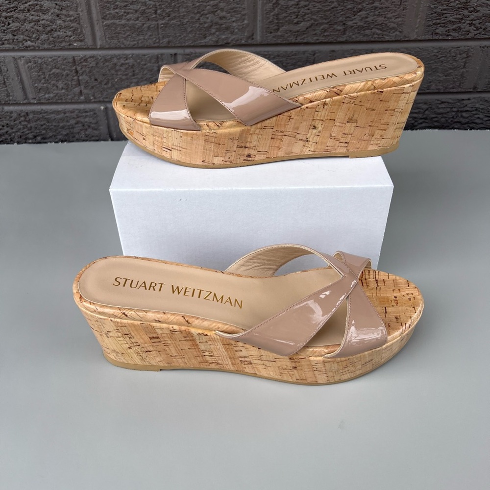 Stuart Weitzman Carmen Platform Nude Cork Wedge Slides Sz 8.5